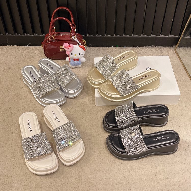 2025 Summer Fashion Rhinestone Strap Thick-Soled Wedge Women's Sandals Open-Toe Platform Slimming High-Heel Flat Slippers for Women