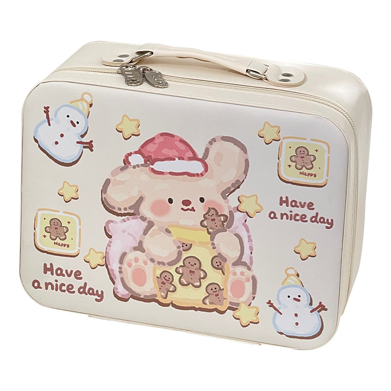 Caja de maquillaje de dibujos animados de alto valor facial portátil de gran capacidad para productos de cuidado de la piel caja de almacenamiento de acabado de cuero pu maleta de almacenamiento