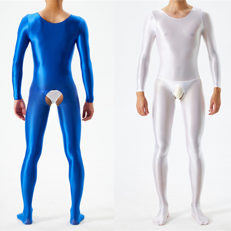 Thin and large size oily glossy silky tight bodysuit full body open crotch sexy non-take-off sex bag 7076K