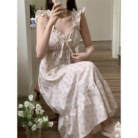 2025 INS法式田园风铃花碎花吊带连衣裙长款家居服背心睡裙