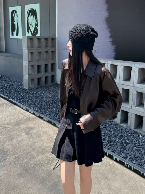 港风复古深咖蝙蝠袖皮衣外套女2025春秋新款时髦炸街短款pu皮夹克|undefined