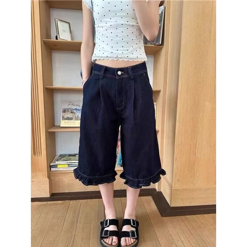 Dark Blue Design Ruffled Cropped Jeans for Women Summer Large Size Fat mm Loose Slimming Look Straight Pants
