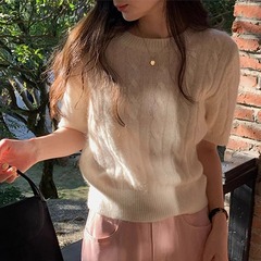 新しい韓国スタイルの優しいモヘア半袖ツイストニットセーター女性のための夏ショートラウンドネックトップ薄い