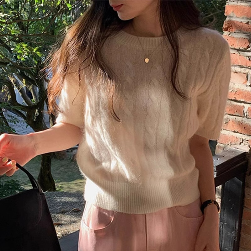 新しい韓国スタイルの優しいモヘア半袖ツイストニットセーター女性のための夏ショートラウンドネックトップ薄い|undefined