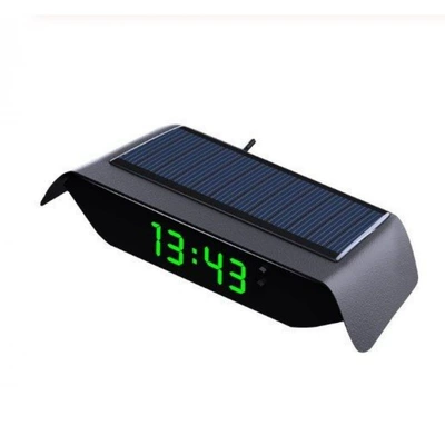 Solar-powered car clock, automotive electronic clock with night light, internal temperature and voltage meter, newly launched (Car thermometer) - solar-charging-time-temperature-date-green