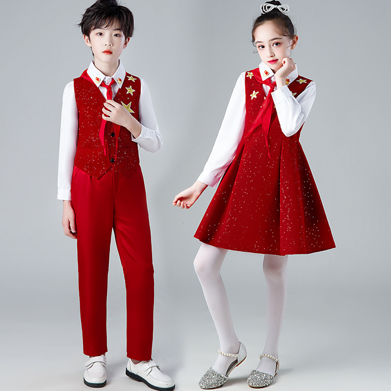 어린이 공연복 초등학생 합창 의복 설날 어린이 단체시 낭송 붉은 송 완장 설날 공연 의류