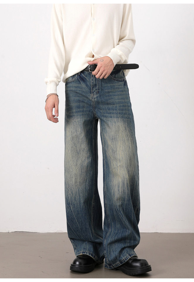 Quần jean nam ống rộng dáng suông màu xanh wash, râu mèo, phong cách đơn giản dễ phối đồ — Màu xanh dương chi tiết 13