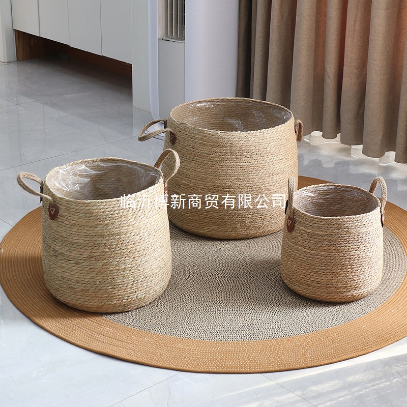 Cesta de flores de paja simple, maceta de planta de ratán, planta de piso redonda tejida, planta verde, canasta de almacenamiento de maceta grande