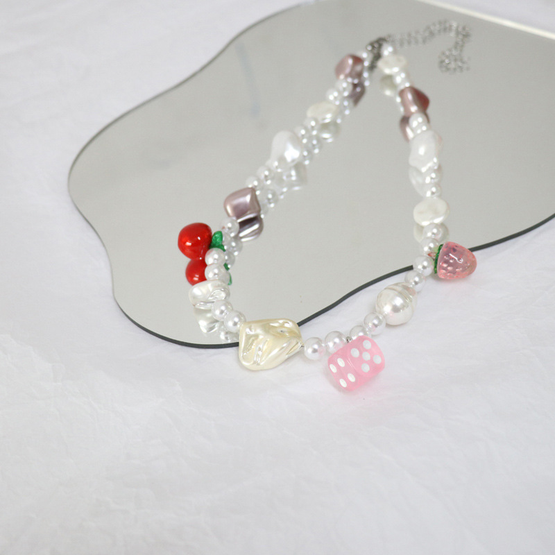 Cherry Strawberry Dice Multi-Element Pendant beaded Necklace