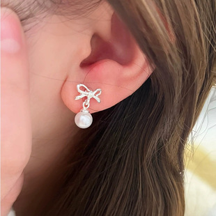 Bow Pearl Pendant Earrings for Women, Gentle Style, Temperament, Niche, Gentle and Sweet Earrings for Girls