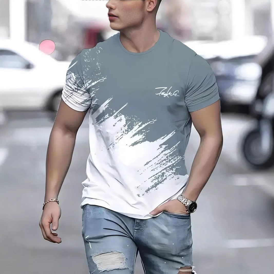 Moda y simple eslogan de color de contraste estampado 3D de los hombres verano calle suelta transpirable manga corta manga corta cuello redondo camiseta