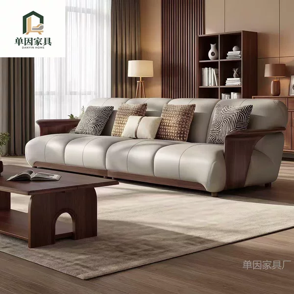 North American walnut solid wood sofa set for small and large living rooms, modern minimalist high-end first-layer genuine leather straight-line sofa