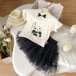 女童套装2024夏季新款儿童T恤国风熊猫短袖半身裙洋气纱裙两件套