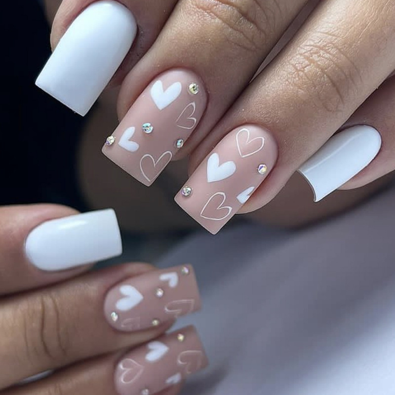 Valentine's Day Wear Armor Square Matte White Love Diamond Removable Fake Nail Nail Nails