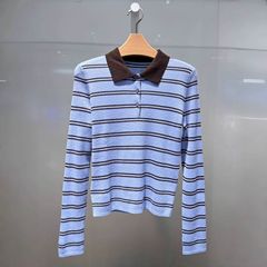 M**檬女装2025秋季新款通勤百搭简约POLO领条纹针织衫女5GA231401