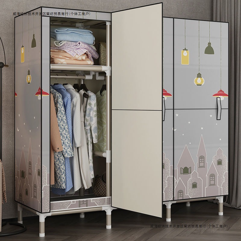 Simple Fabric Wardrobe for Home Bedroom with Full Steel Frame, Reinforced and Thickened Steel Pipes, Sturdy and Durable Wardrobe for Rental Housing
