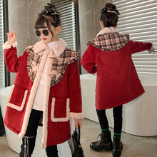 女童紅色羊羔毛拼接大衣2022冬季新款中長款加絨加厚棉襖棉衣外套