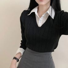 假两件麻花毛衣女秋冬季2025新款衬衫韩版日系复古长袖针织衫上衣