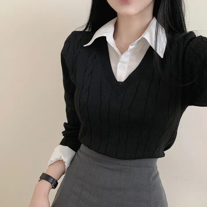 假两件麻花毛衣女秋冬季2025新款衬衫韩版日系复古长袖针织衫上衣