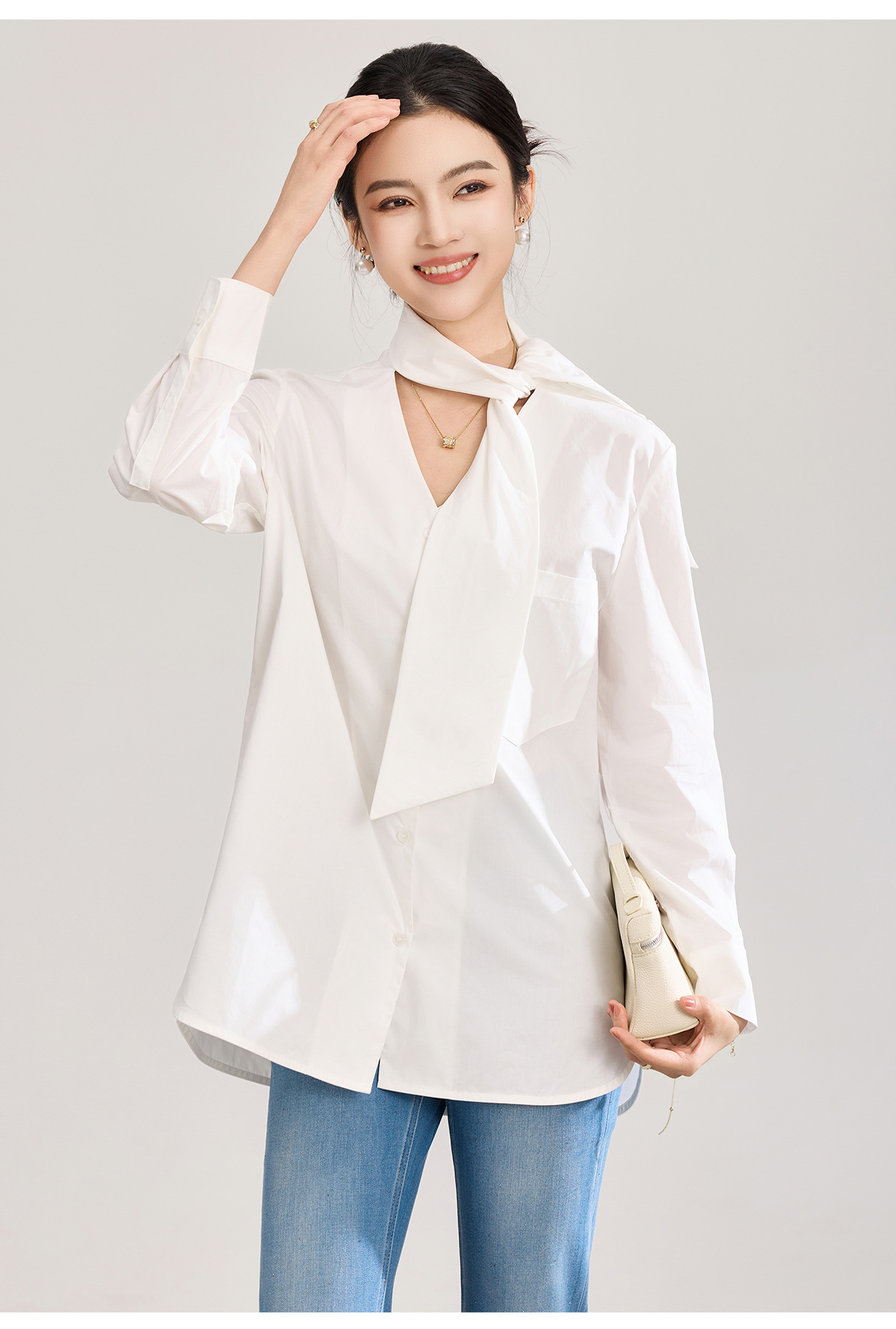 Áo sơ mi nữ dài tay cổ V phối dây rua, chất cotton mềm mại không nhăn — Vàng sữa chi tiết 18