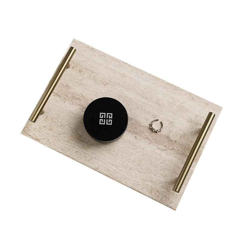 Bandeja de almacenamiento de travertino natural ins de estilo nórdico Disco de decoración del hogar retro de lujo ligero Disco de almacenamiento de mango dorado Escritorio