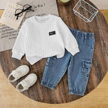 跨境外贸平台热卖爆款圆领套夹丝绵长袖卫衣男童童装长裤牛仔套装