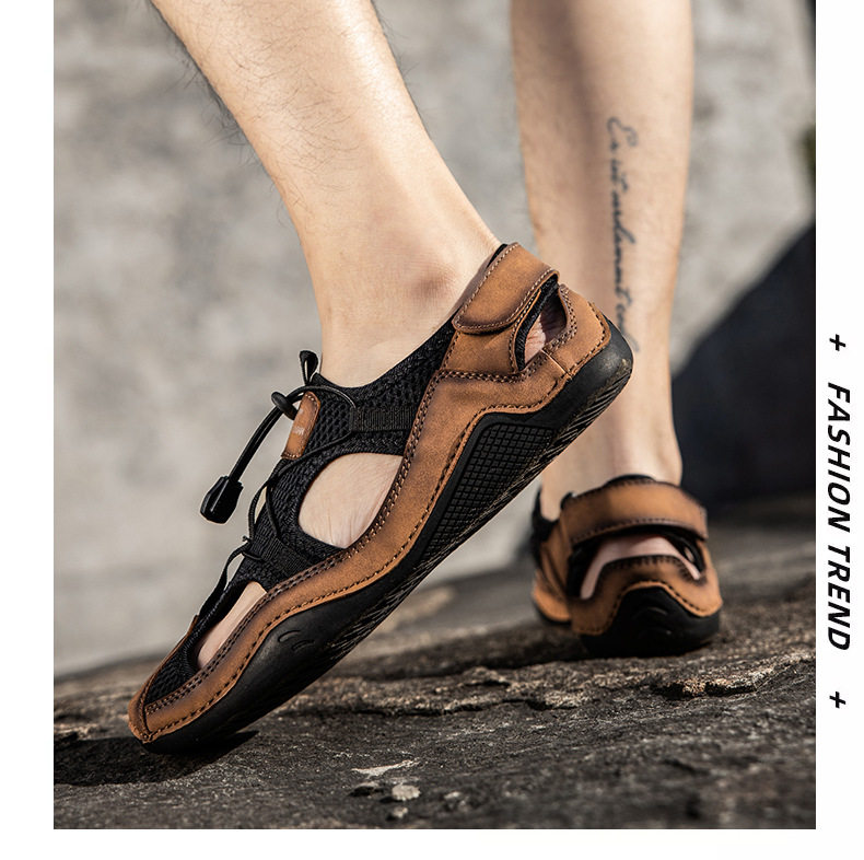 Dép sandal nam cỡ lớn đi biển may thủ công chống trượt, quai ngang co giãn — 2285 kaki, 2285 màu đen, 2285 xanh lục, Màu nâu 2285 chi tiết 15