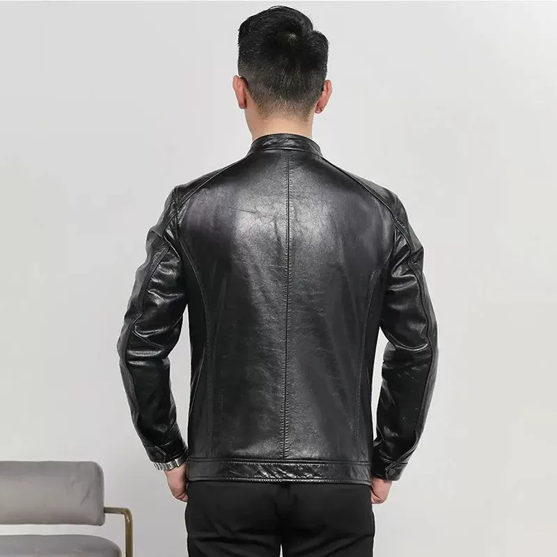 Autumn leather jacket for leisure, genuine leather, cowhide, slim fit