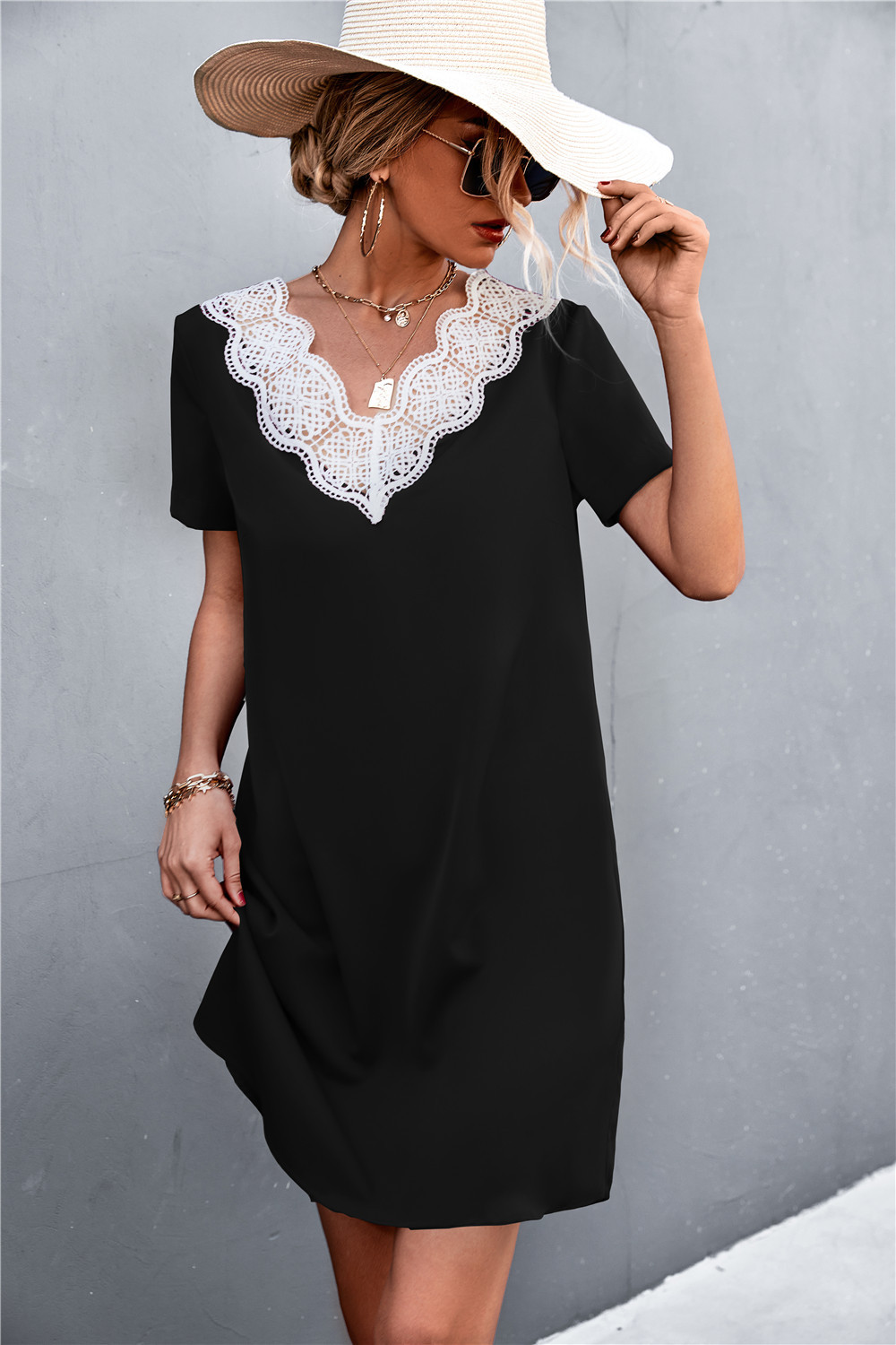 Women's V-neck Lace Patchwork Dress For Summer Occasions_voghion.com