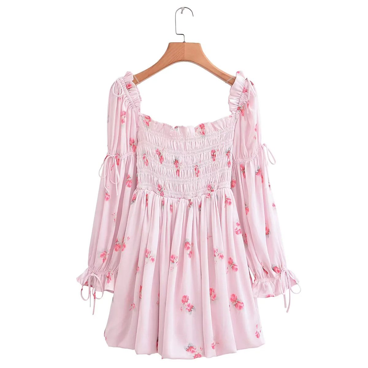 法式小众夏季新款女士超仙度假印花泡泡袖蝴蝶结系带公主连衣裙