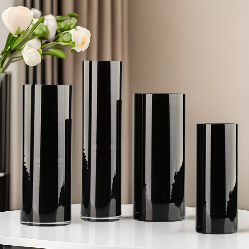 Thickened Black Straight Glass Vase Hotel Lobby White Cylindrical Floor Flower-arranging Model Room Wedding Road