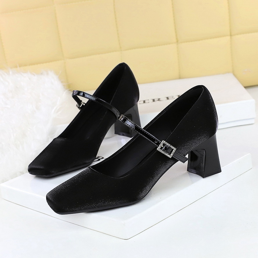 6295 French Style Small Fragrance Square Toe Rhinestone Strap Satin Women's Chunky Mid Heel Shallow Mouth Comfortable_vogvips.com