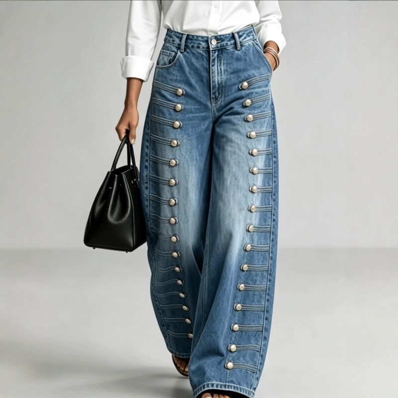 In Stock - Napoleon-Style Retro High-Waisted Metal Buckle Wide-Leg Jeans for Women, Street Fashion Trendy Floor-Length Pants