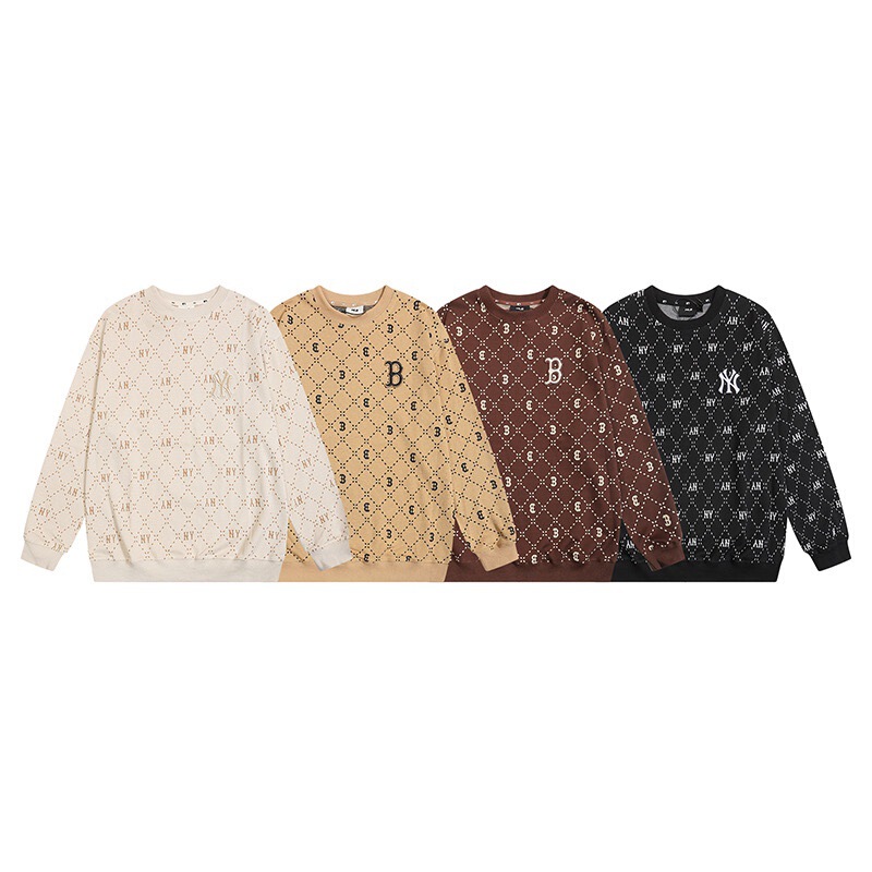 New Mb Long-Sleeve Versatile Crewneck Sweatshirt with Diamond Print Monogram, Couple's Loose Retro Casual Top, Trendy