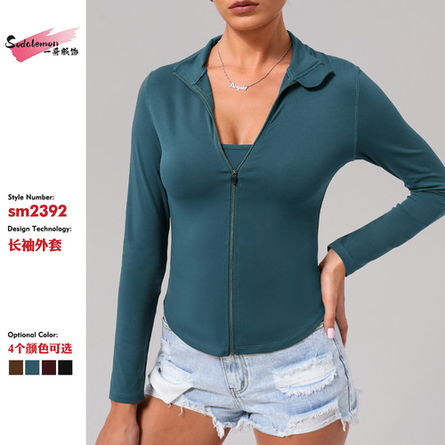 Stand collar zipper yoga dress, women's coat, windproof slim long-sleeved shirt, sports running, solid color, all-match coat