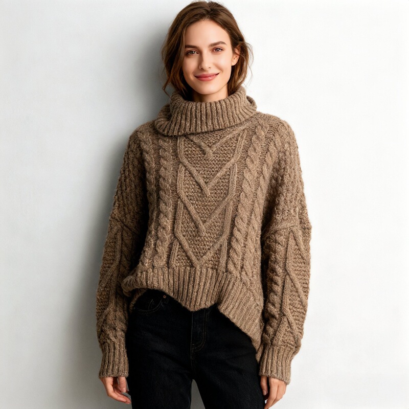 Sweater Retro Twist High Collar Loose Short High Waist Thick Wool Knitwear Autumn and Winter New Style Lazy Design