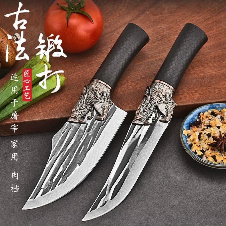 Ковка драконьих чешуек, нескользящая ручка, острый кухонный нож, бытового использования, нержавеющая сталь, разделочный нож для мяса с кожаным чехлом