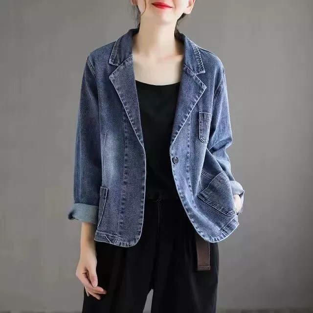 Весенне-осенняя джинсовая куртка ретро в стиле Кореи для отдыха, oversize, светло-голубой