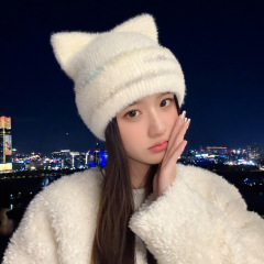 韩版秋冬帽子女款时尚百搭猫耳朵可爱针织帽大头围加绒护耳保暖帽