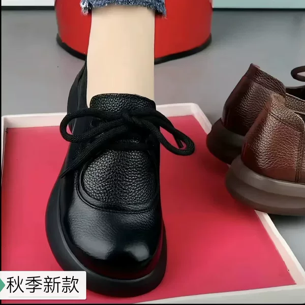 2026 Spring and Autumn New Vintage Solid Color Casual Thick-Soled Single Shoes with Front Laces, Fashionable Versatile Trendy Women's Loafers