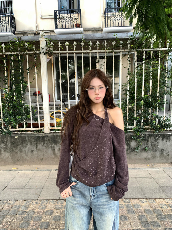 法式设计感小众别致气质长袖T恤女装秋季宽松韩系氛围感露肩上衣|undefined