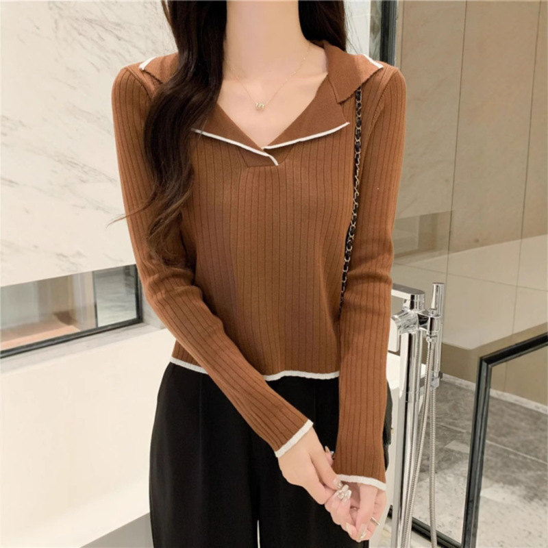 Polo襟のニットの底のシャツの女性2025春の新型の長袖のtシャツのセーターの春の服の上着の春秋の金|undefined