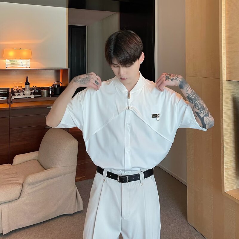 Metallic Design Niche Two-Piece Patchwork Summer Decorative T-Shirt Ins Hairstylist Casual Top Short-Sleeve Shirt