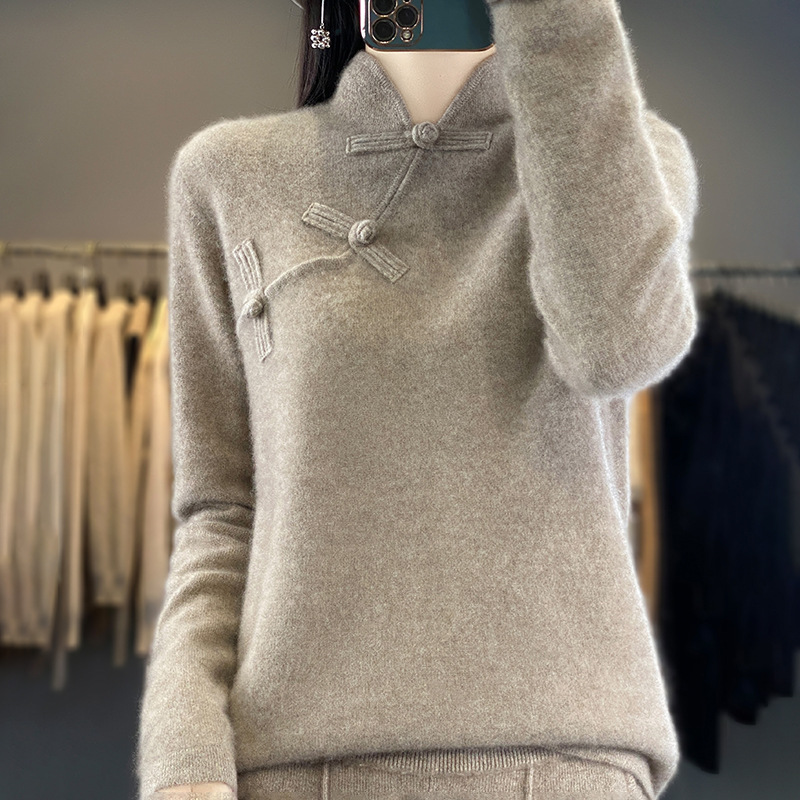 新中式秋冬款提花复古羊毛衫女中国风立领盘扣宽松显瘦针织衫上衣