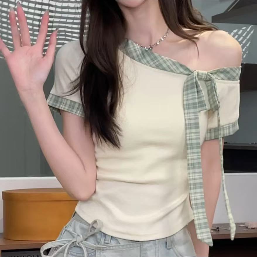 Sweet Style Stitching Stripe Strap Bow Design Sense Short-sleeved T-shirt Women's Summer Elegant Slimming Top