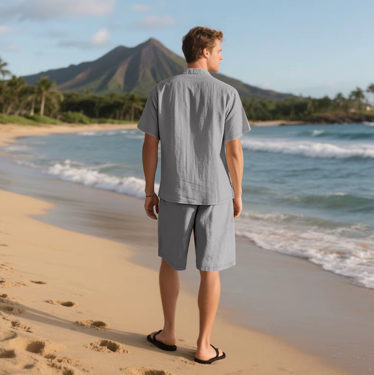 Herren Leinenhemd Mit Shorts Set Sommer Freizeit Strandoutfit_voghion.com