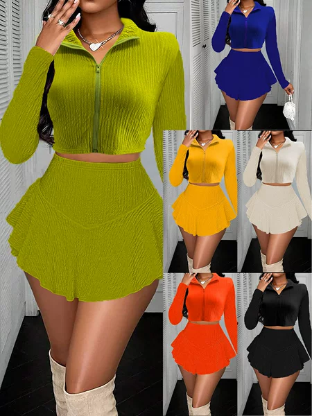 M3086 European and American Cross-border Women's Solid Color Zipper Short Top Two-piece Set Ruffled Pants Skirt Skirt suit