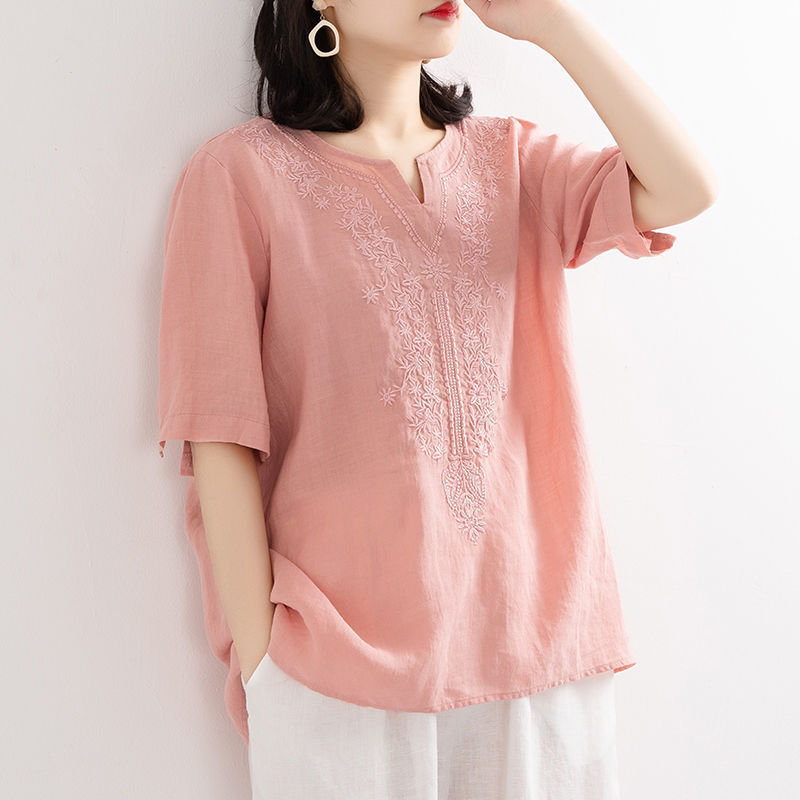 Cotton and Linen Embroidered Shirt V-neck Solid Color Women's Artistic Loose Pullover Short Embroidered Cuff Button Large Size Summer New Style