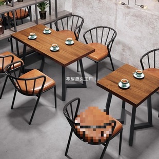 Industrial Style Dining Table and Chairs Solid Wood Leisure Bar Hot Pot Restaurant Table and Chair Combination Retro Barbecue Restaurant Restaurant Small Round Table