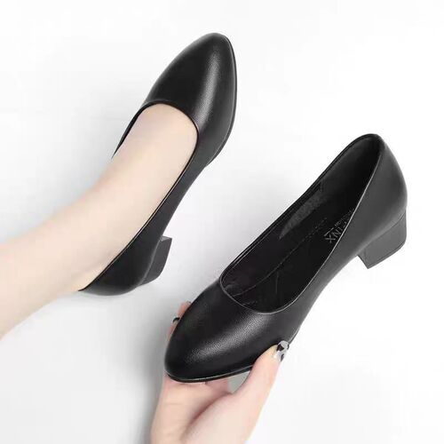 Female Flight Attendant Work Shoes Black Interview Uniform Professional Shoes Soft Sole Leather Shoes Thick Heel Single Shoes Women's Spring Autumn Four Seasons Shoes